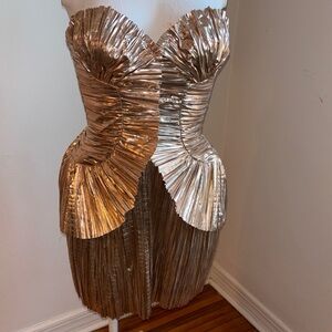 cult gaia Metallic Gold Strapless Pleated Cocktail Dress